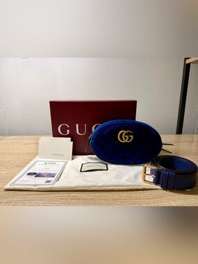Gucci GG Marmont Velvet Belt Bag in Royal Blue with Gold Hardware